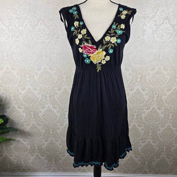 Johnny Was Size Medium Black Double Vneck Floral Embroidered Dress Sleeveless - Picture 1 of 16